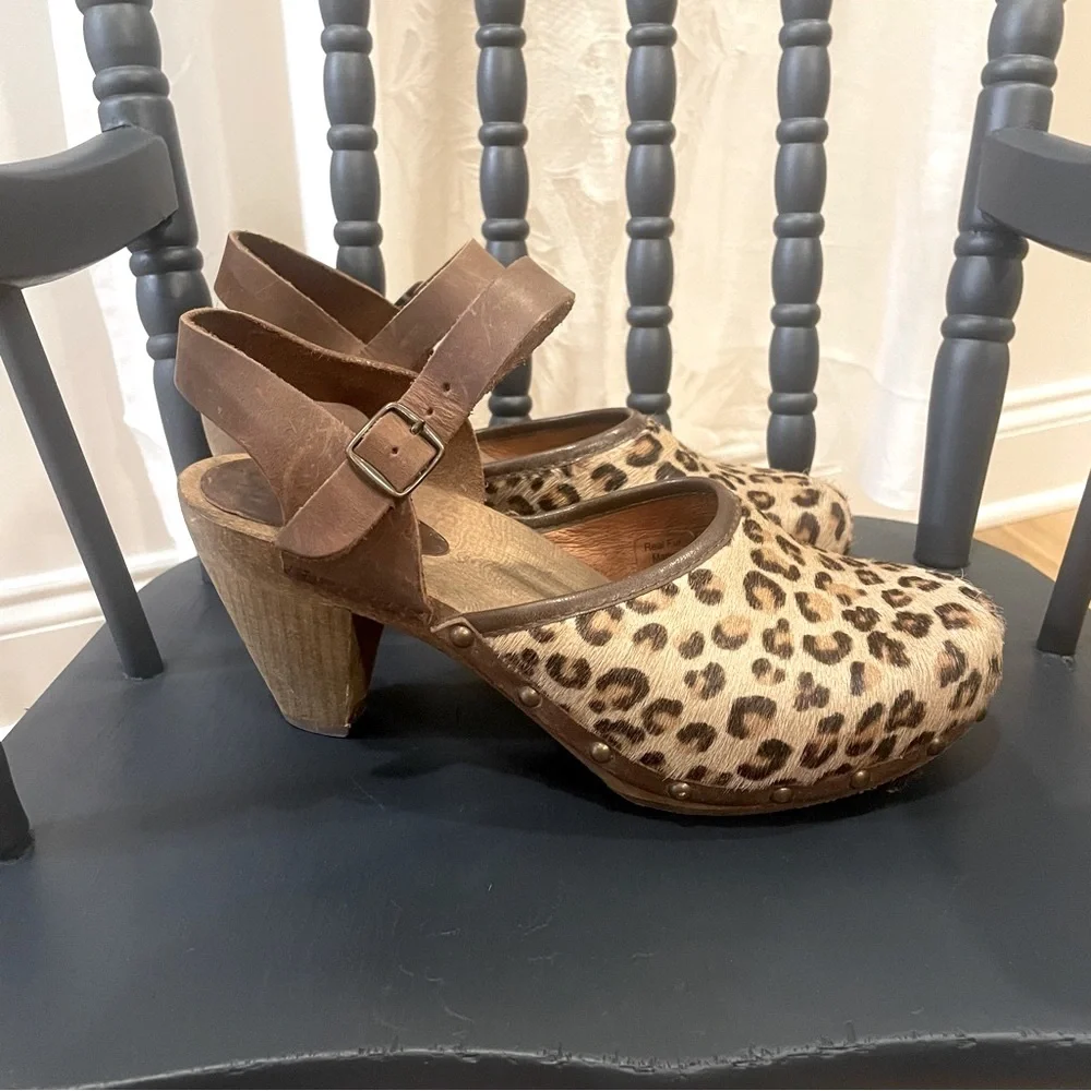 Sanita Calf Hair Animal Hair Leopard Sling Back Clogs Size 38